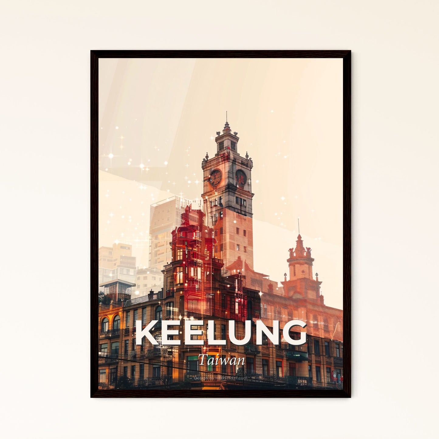 Keelung Skyline Cityscape Modern Bright Beige Poster - A city with a clock tower