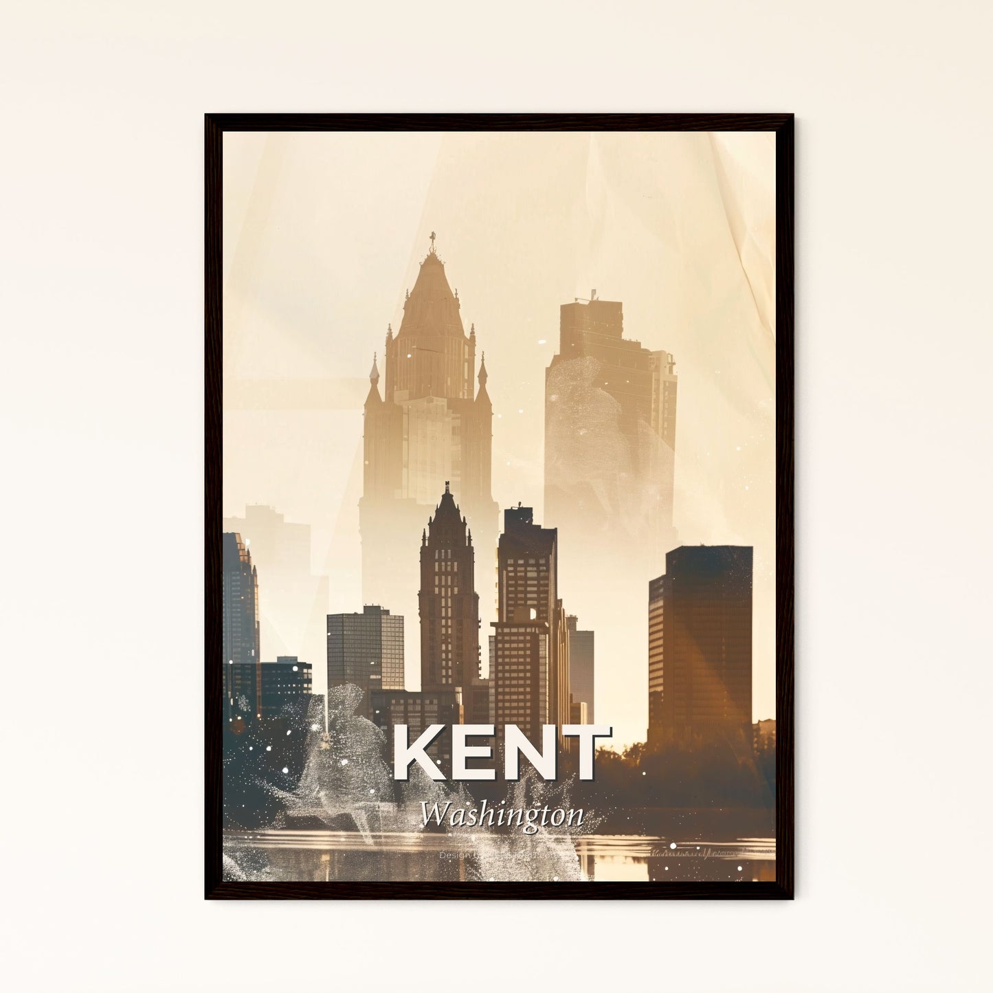 Kent Washington City Icons Double Exposure Poster - A city skyline with tall buildings