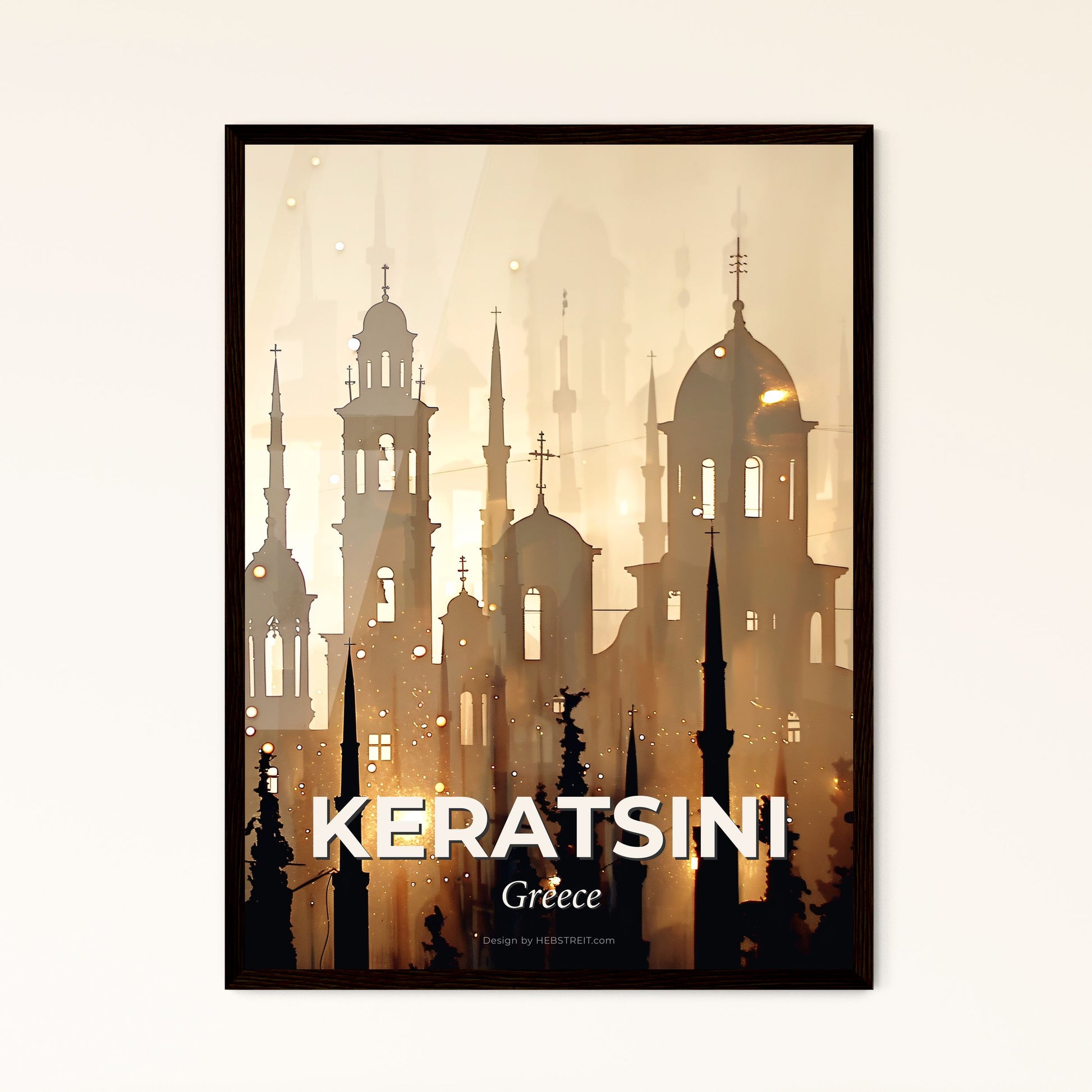 Keratsini Skyline Composite Art with Sparkles - A silhouette of a building with towers and spires