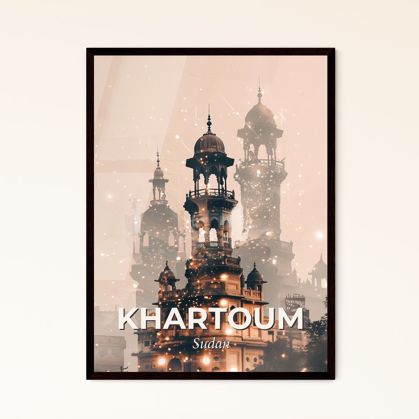 Khartoum: Beige Double Exposure Skyline Art - A building with towers and a tower with a tower and a tree