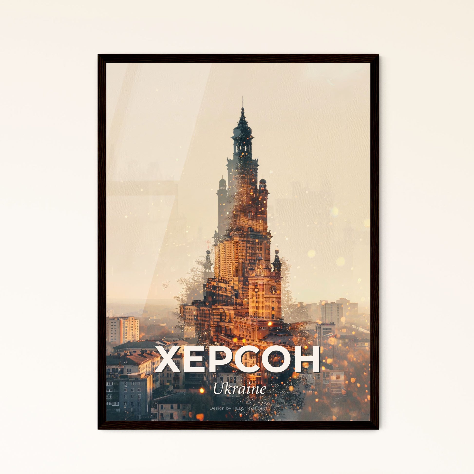 Kherson City Composite Art Poster, Vibrant Hues, Local Landmarks - A city with a tall building