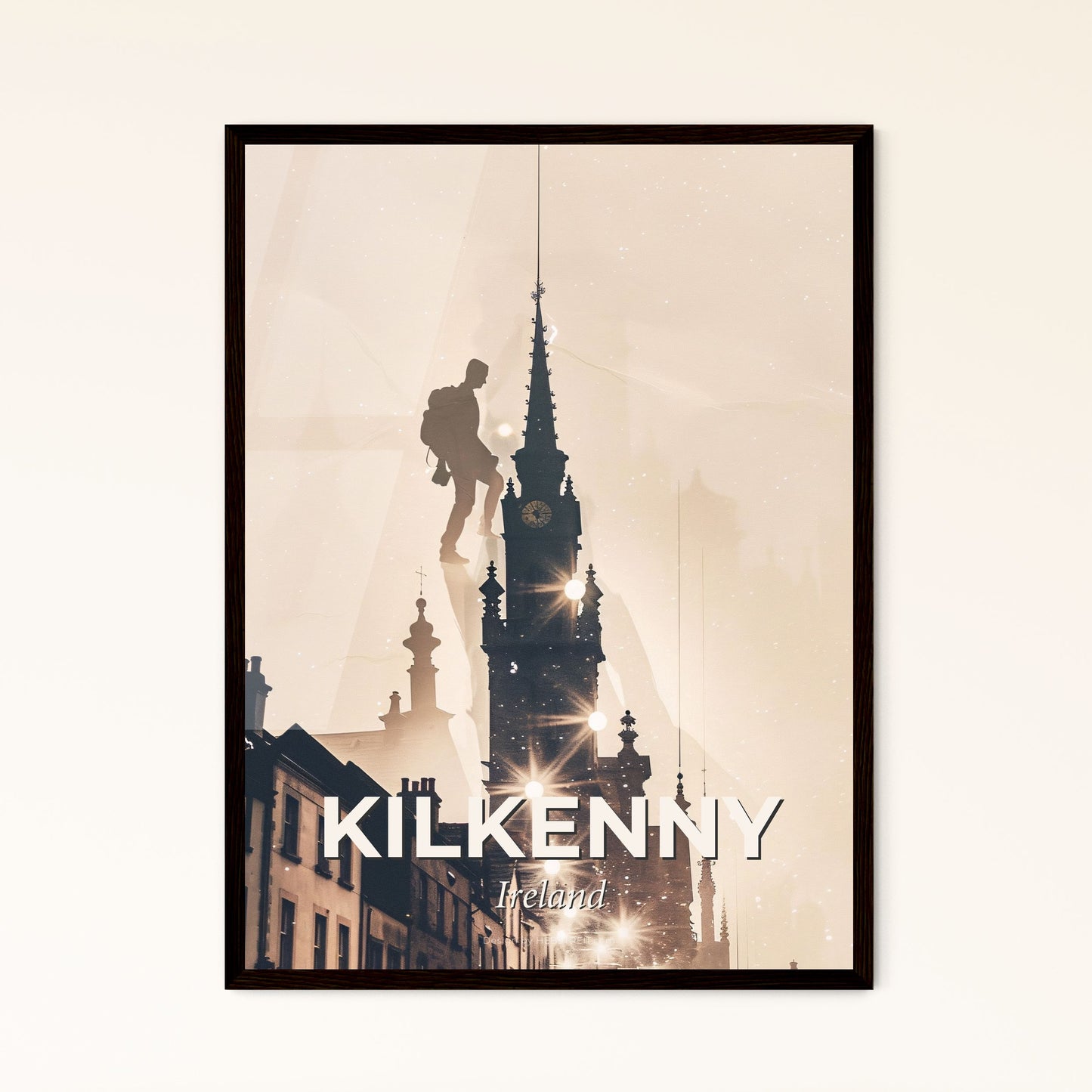 Kilkenny Skyline - Double Exposure Composite Art Poster - A man climbing a tall tower