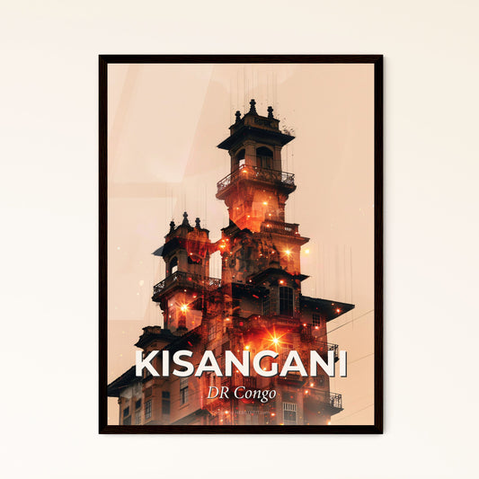 Kisangani Congo Skyline Double Exposure Composite - A building with a tower and fire