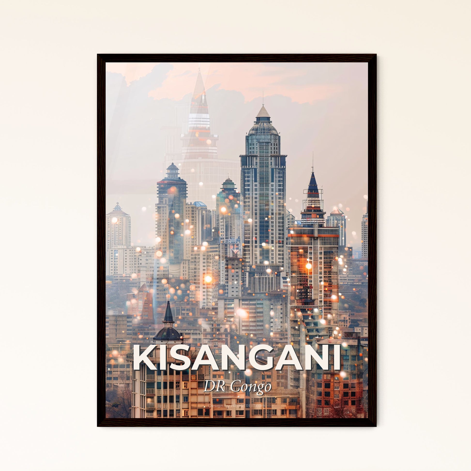 Kisangani Skyline Architectural Icons Double Exposure Poster - A city skyline with many tall buildings