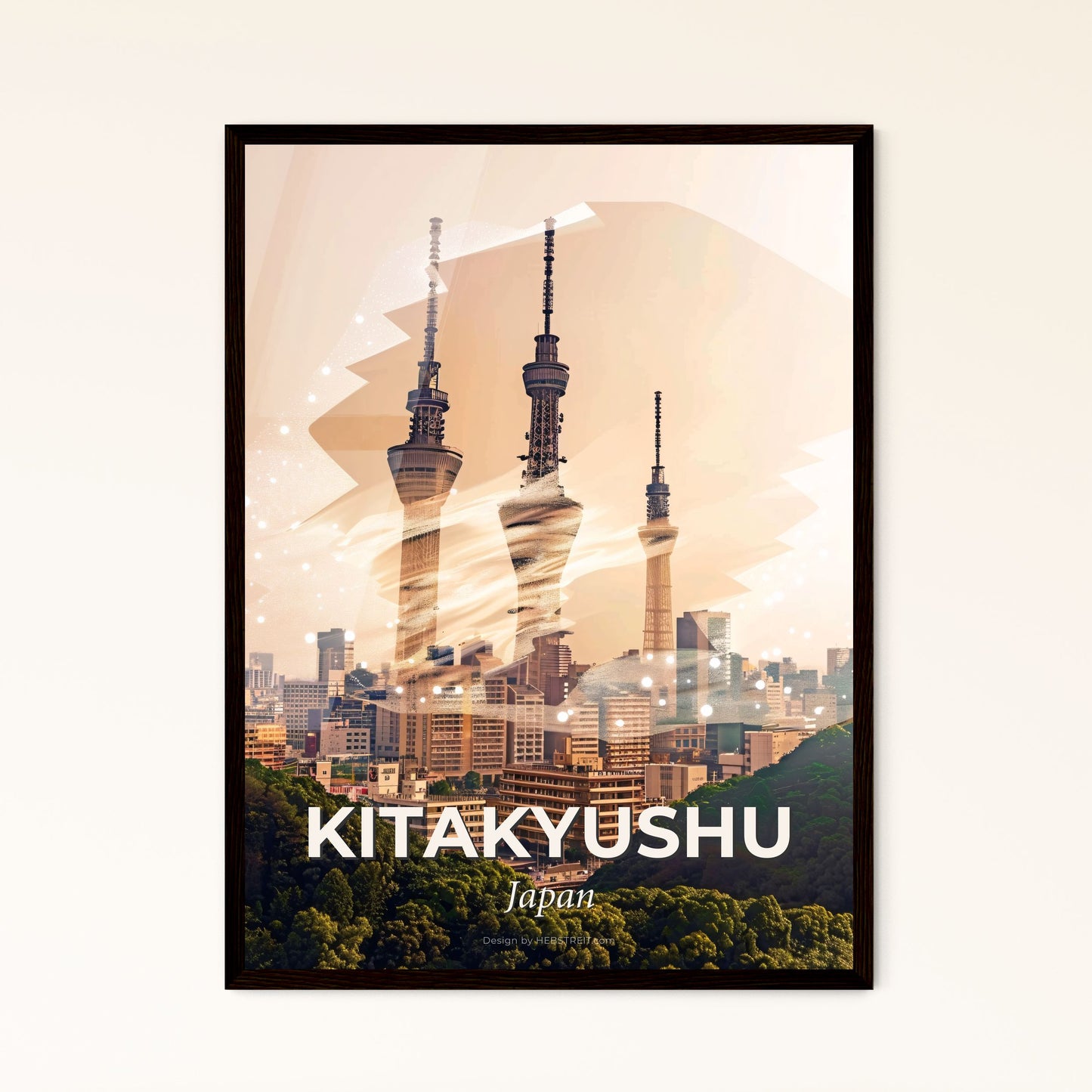 Kitakyushu Skyline Double Exposure Architectural Art - A city with tall towers and trees