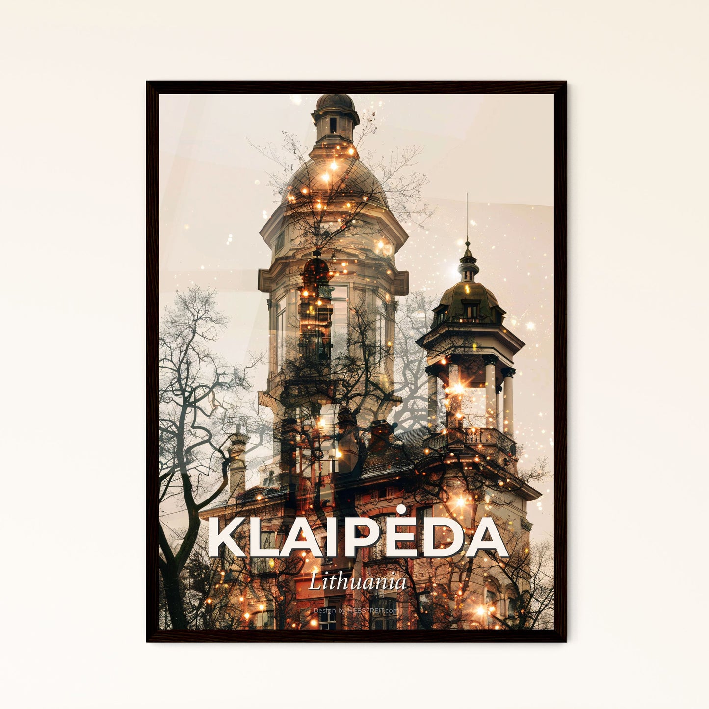 Klaipėda, Lithuania Double Exposure City Skyline Art - A building with a tower and trees