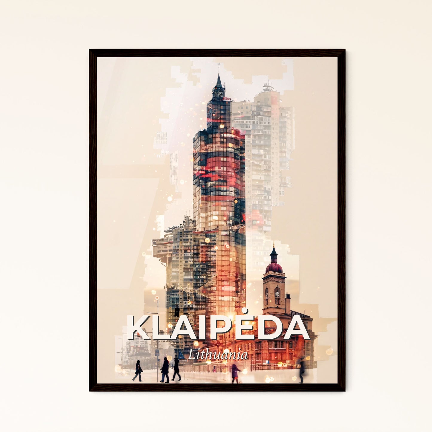 Klaipeda Double Exposure Skyline Art Poster - A city skyline with a tall building