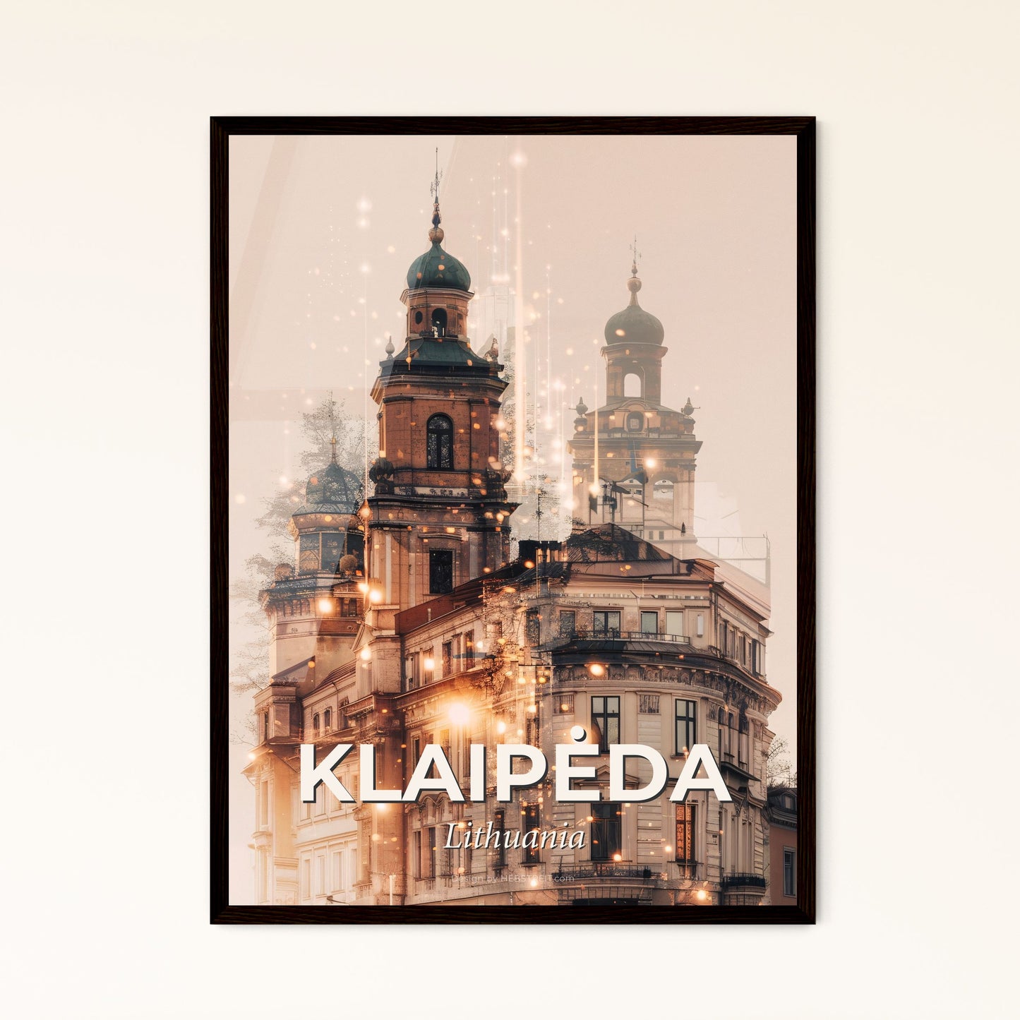 Klaipėda Skyline Double Exposure Poster Art - A building with a tower and lights