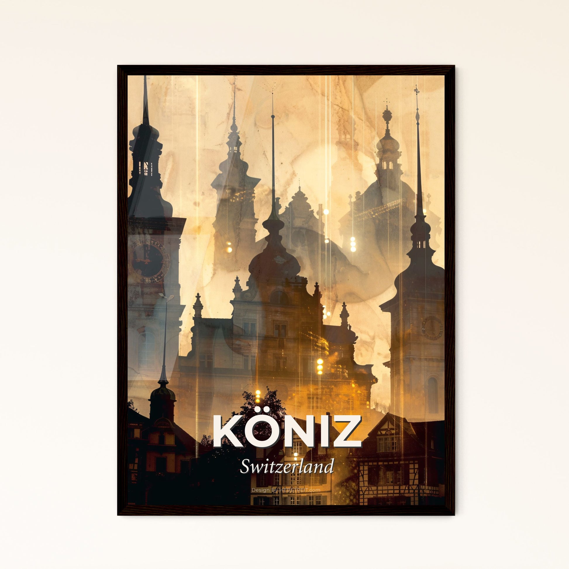 KÃ¶niz Skyline Cityscape Swiss Architecture Beige - A silhouette of a building with towers and a clock