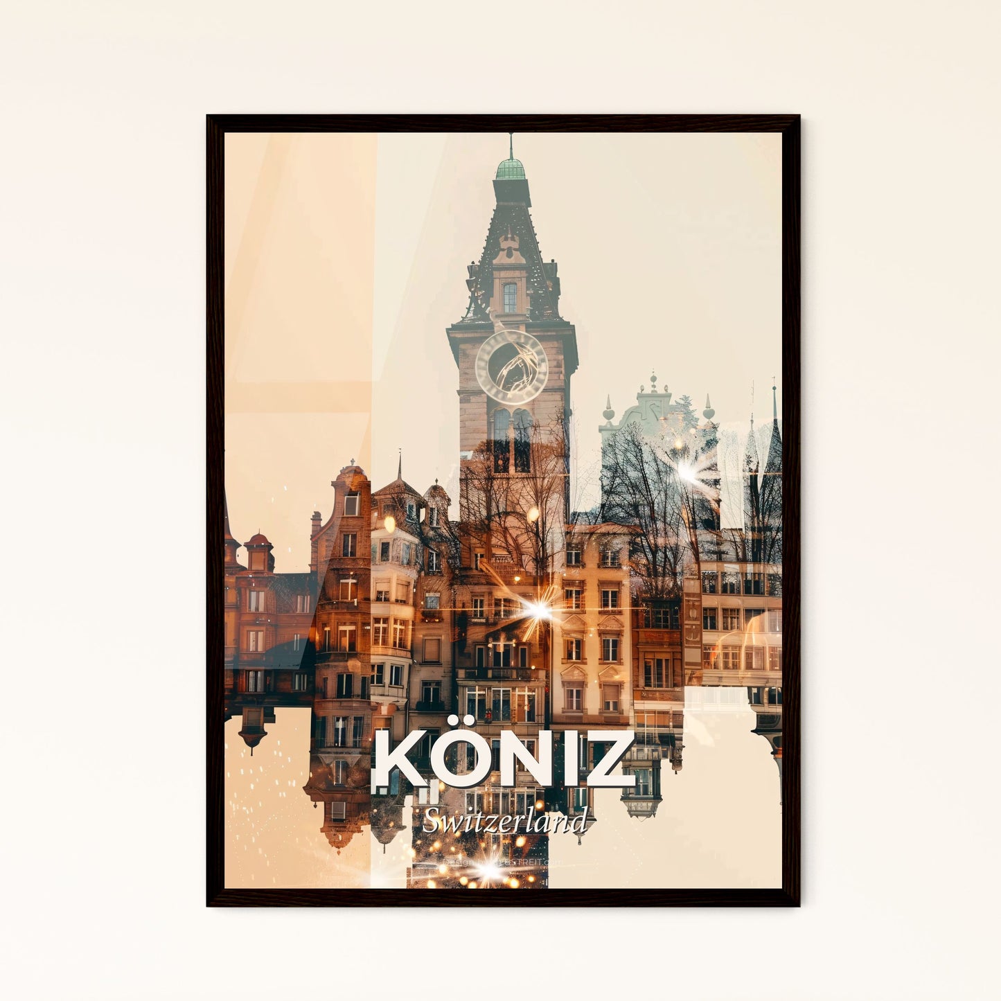 Köniz Skyline Double Exposure Poster Art - A clock tower and buildings