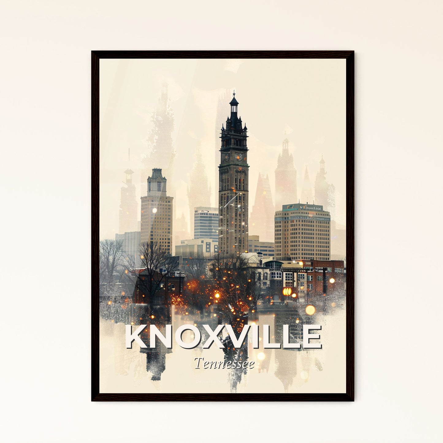 Knoxville City Skyline with Art Deco Icons on Beige - A city with a clock tower