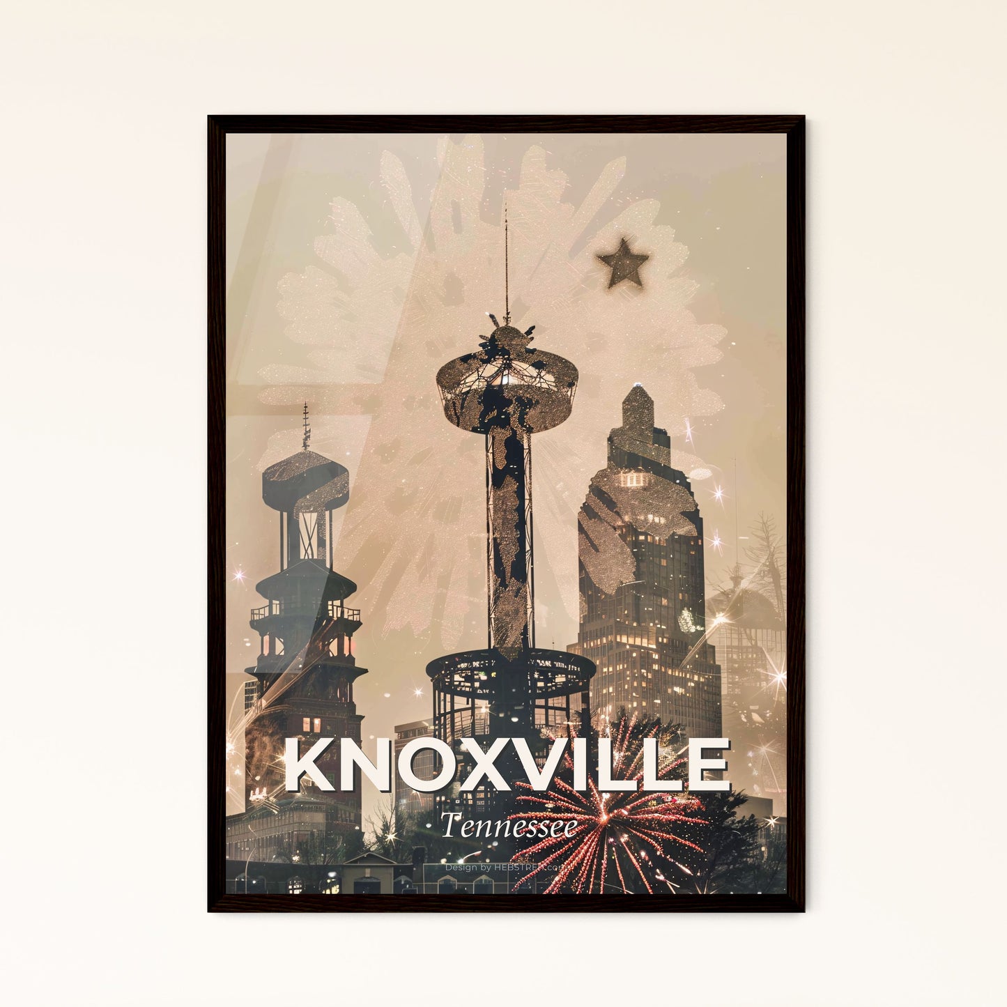 Knoxville City Skyline - Vibrant Double Exposure Art - Fireworks in the sky over a city