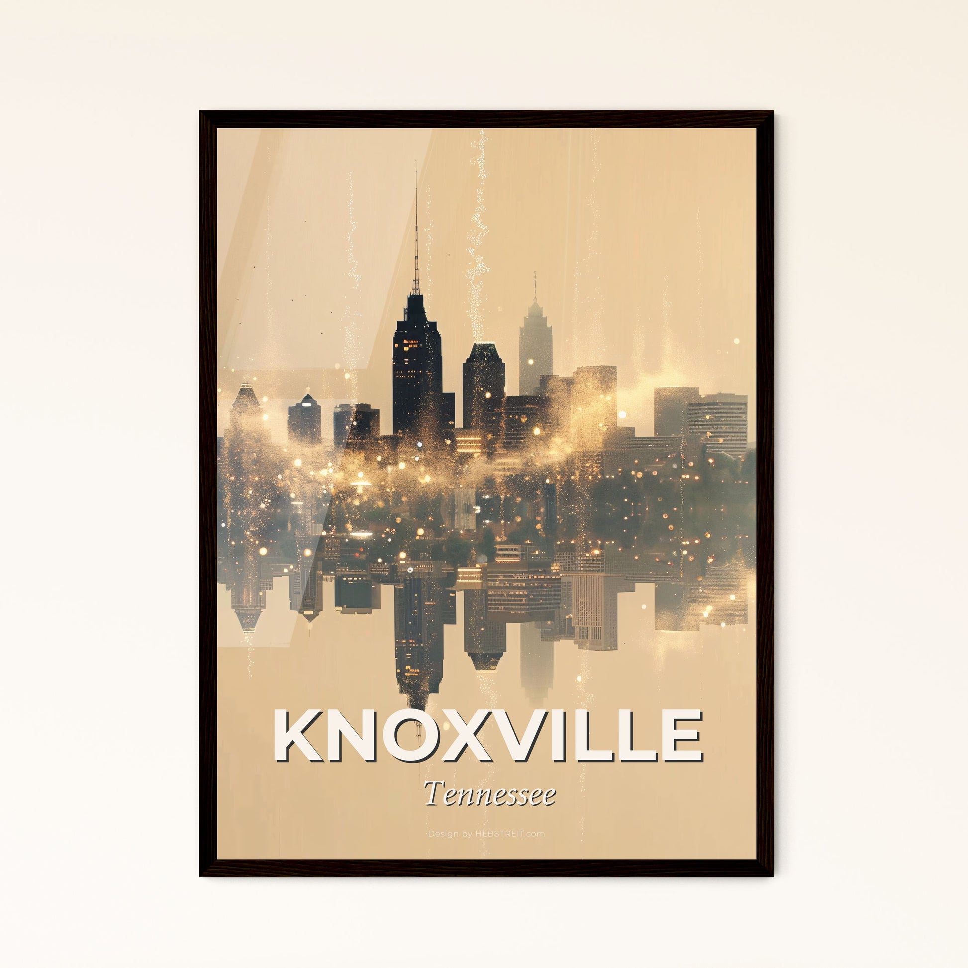 Knoxville City Silhouette Shimmering Night Artwork - A city skyline with lights reflecting on water