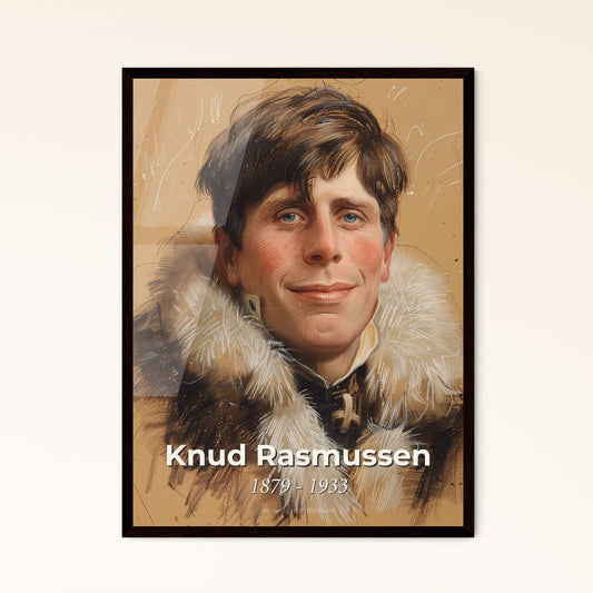 Captivating Portrait of Knud Rasmussen: Arctic Explorer in Dynamic Contemporary Style on Luxe Beige Background - Perfect Home Decor