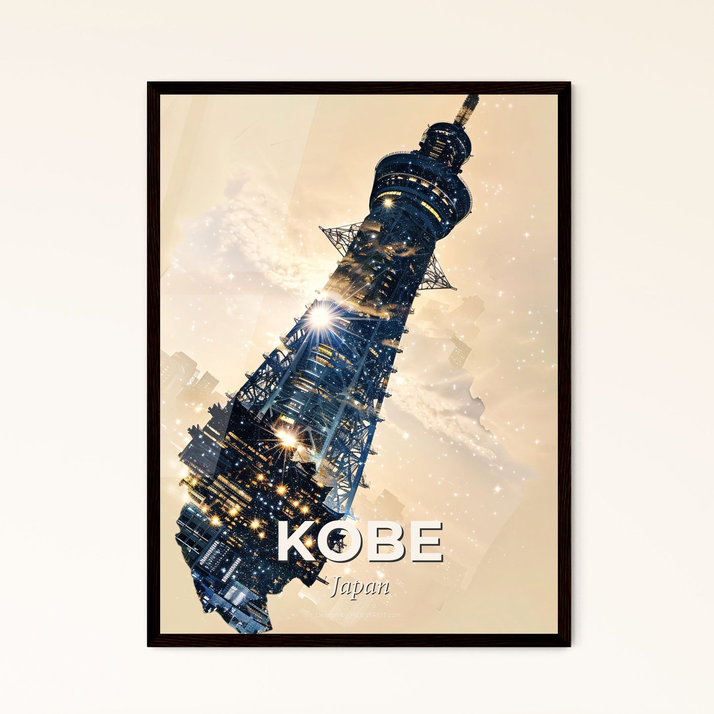 Kobe Skyline Composite Art Bright Beige Sparkles - A large tower with a light shining on it