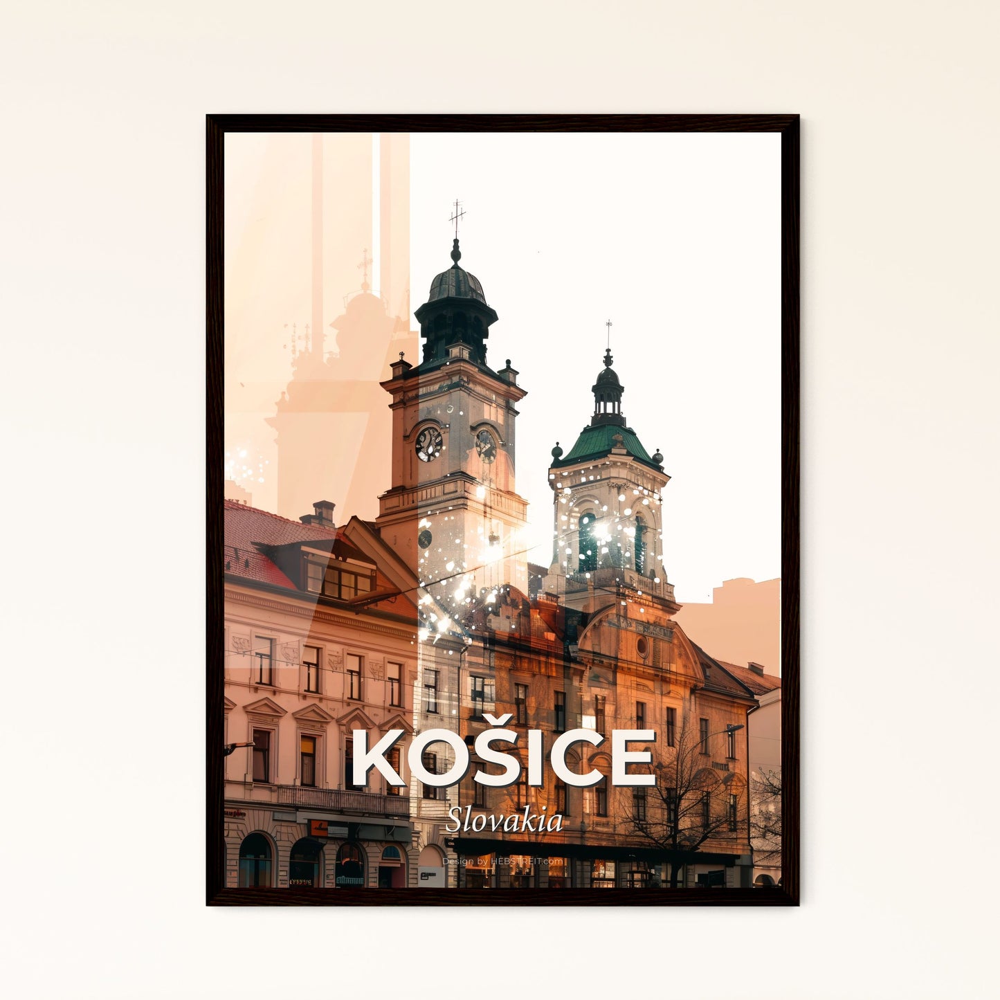 Kosice Skyline Double Exposure Local Colors Poster - A building with a clock tower