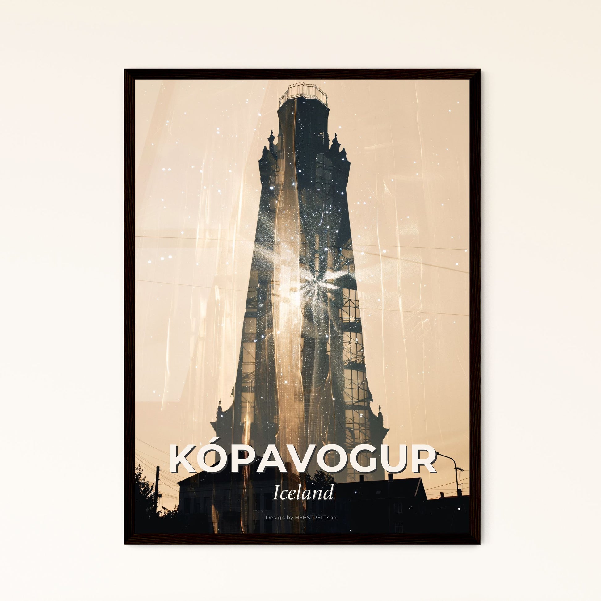 Kópavogur Double Exposure Skyline Poster Art - A tall building with a tower and a tower with a tower and a tower with a tower and a tower with a tower and a tower with a tower and a tower with a tower and a tower