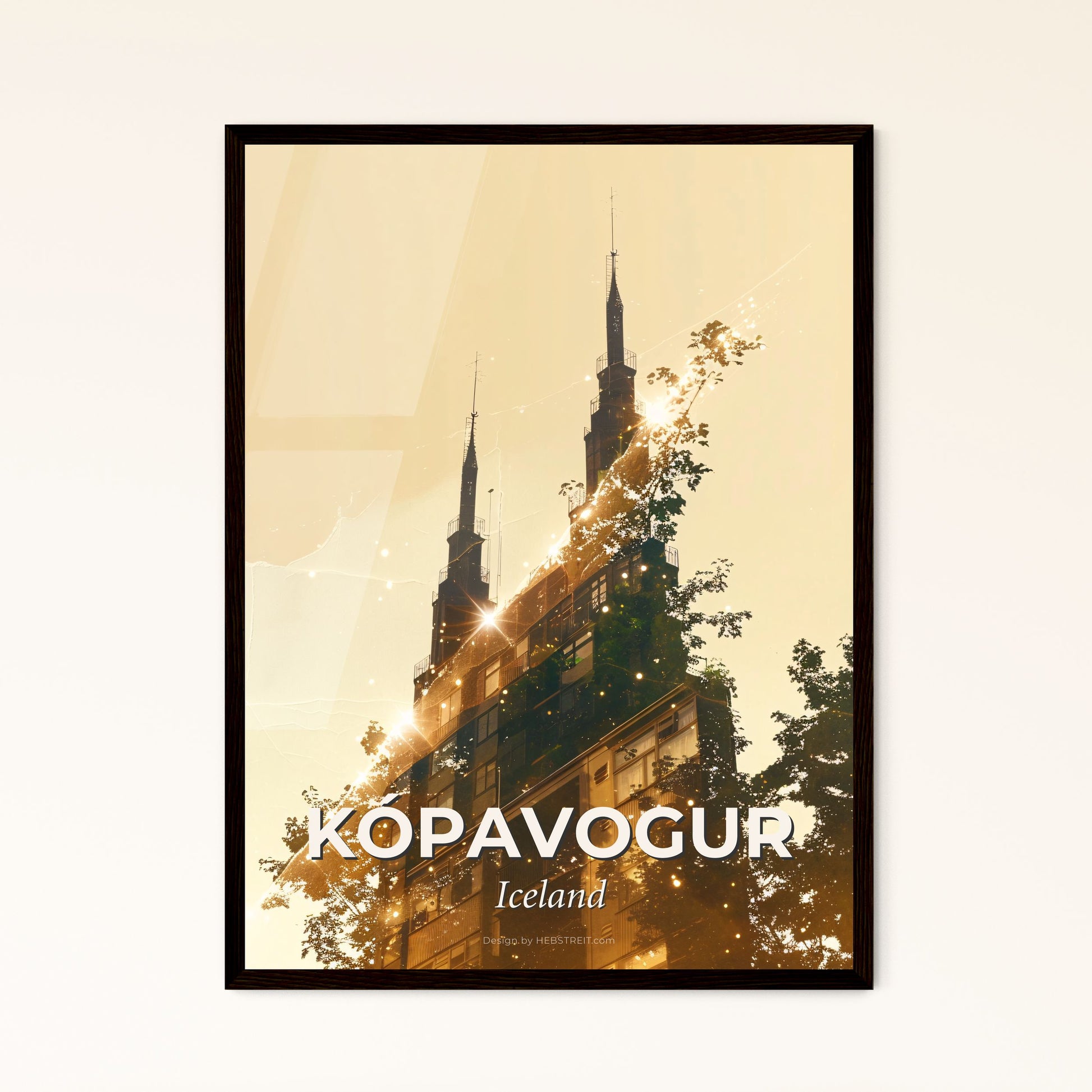 Kopavogur Iceland Skyline Art Deco Poster - A building with trees and a few spires