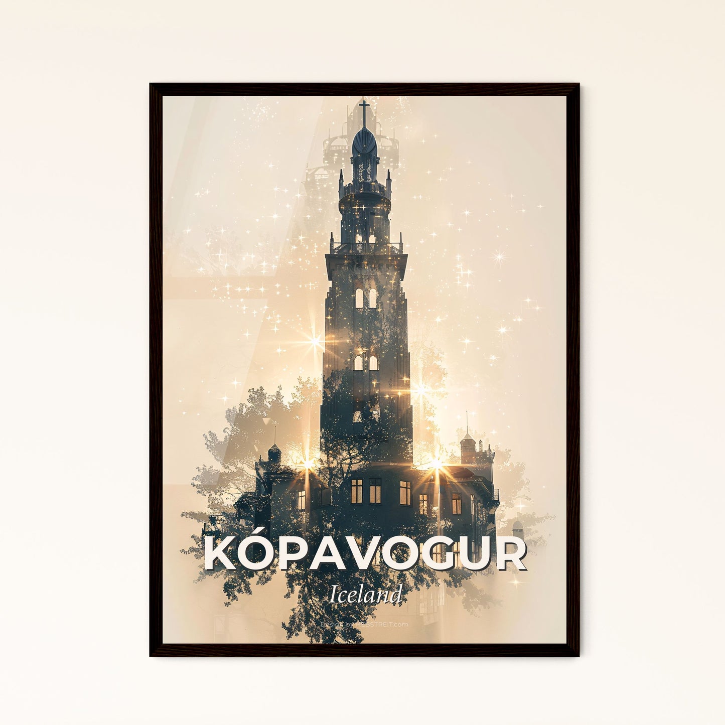 Kópavogur Iceland Double Exposure City Silhouette Art Poster - A building with a tower and trees