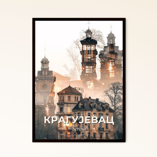 Kragujevac City Icons Double Exposure Poster - A group of buildings with a tower and a fire