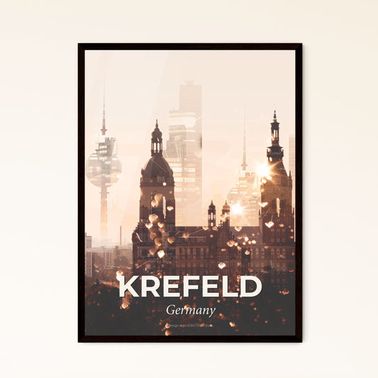 Krefeld Skyline Double Exposure Beige Paper Poster - A city skyline with many buildings