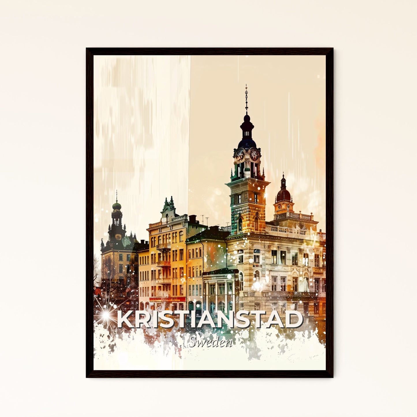 Kristianstad City Icons and Skyline Art Poster - A building with a clock tower