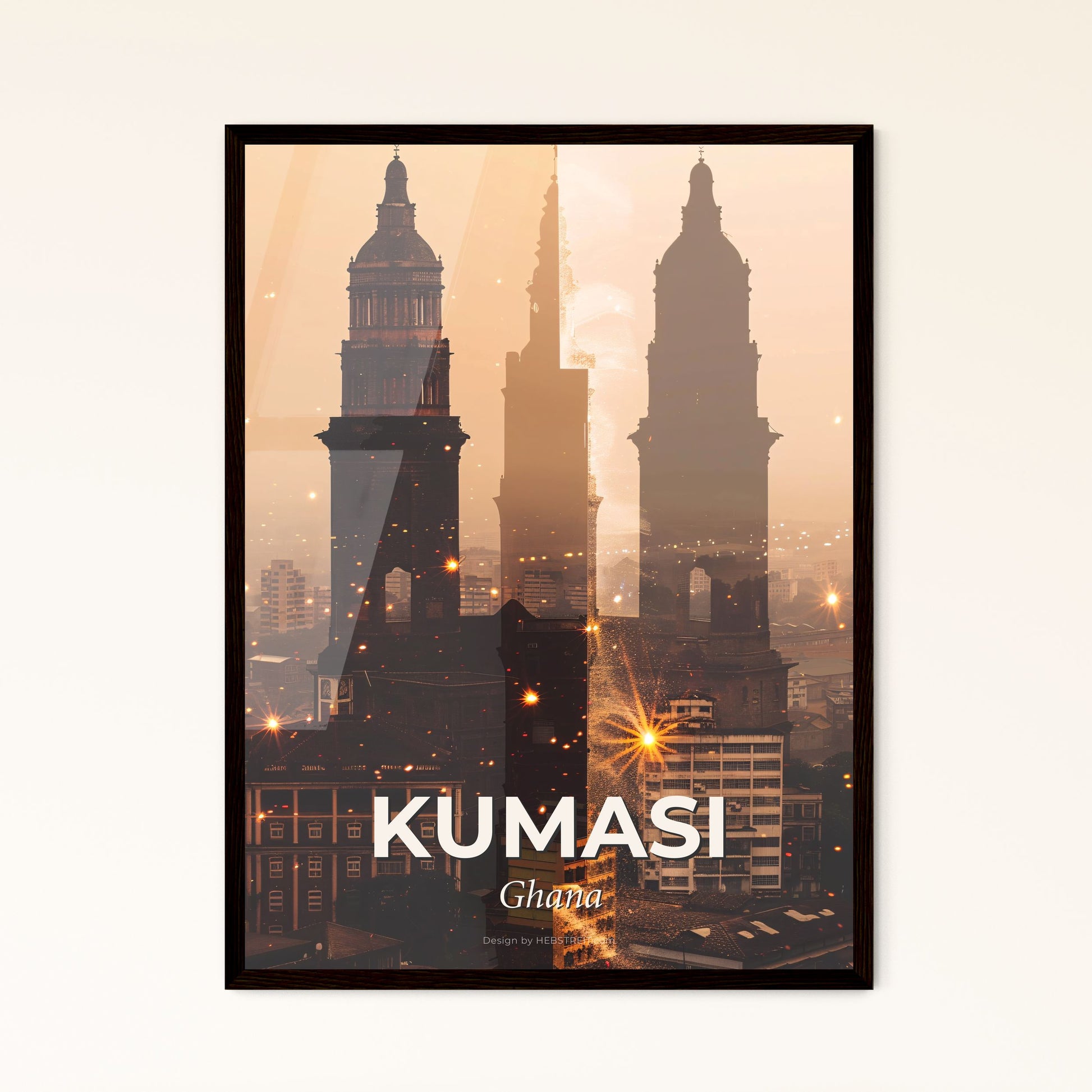 Kumasi Skyline Beige Sparkle Poster Art - A city with tall buildings and fireworks