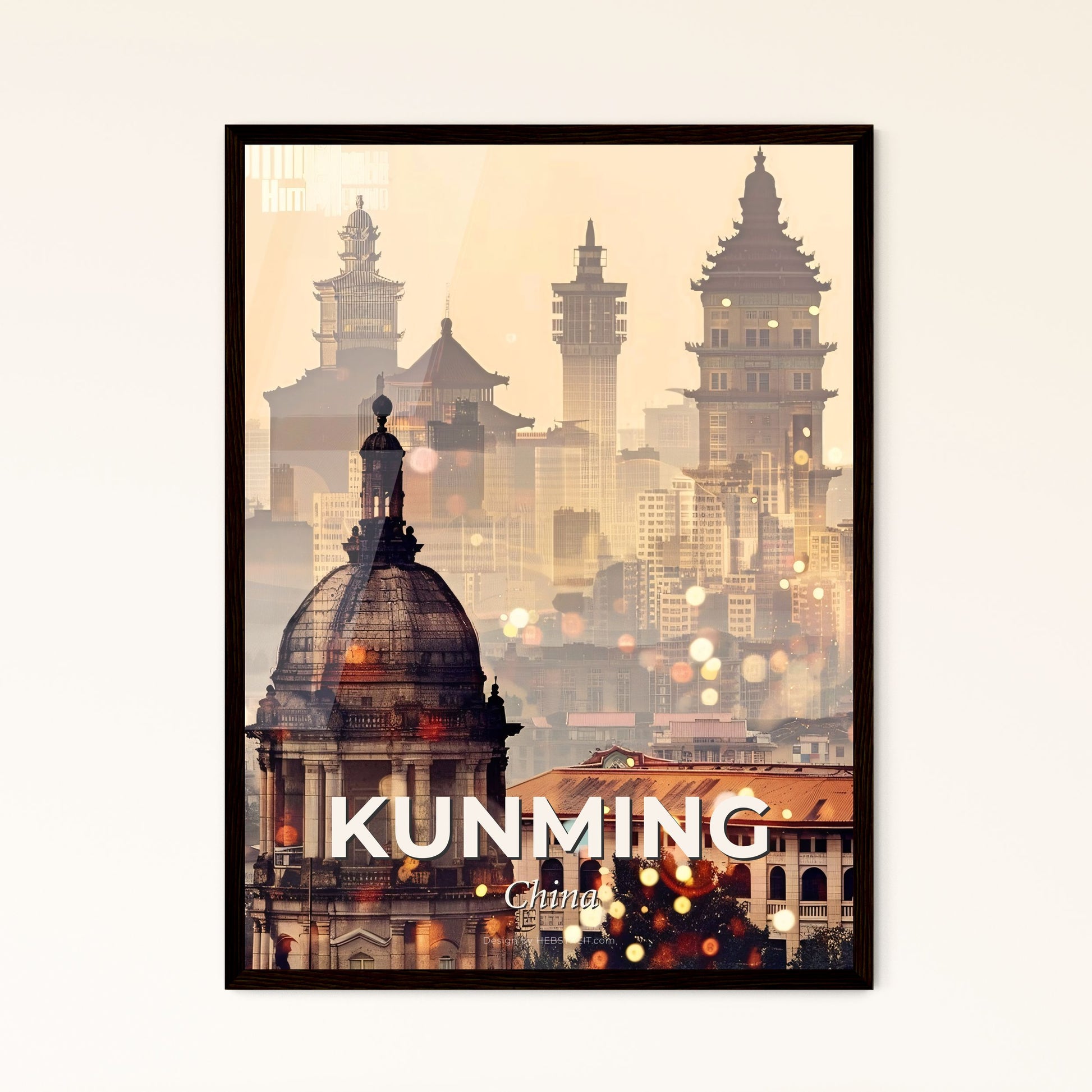 Kunming Skyline Double Exposure Art Poster - A city with a dome and buildings