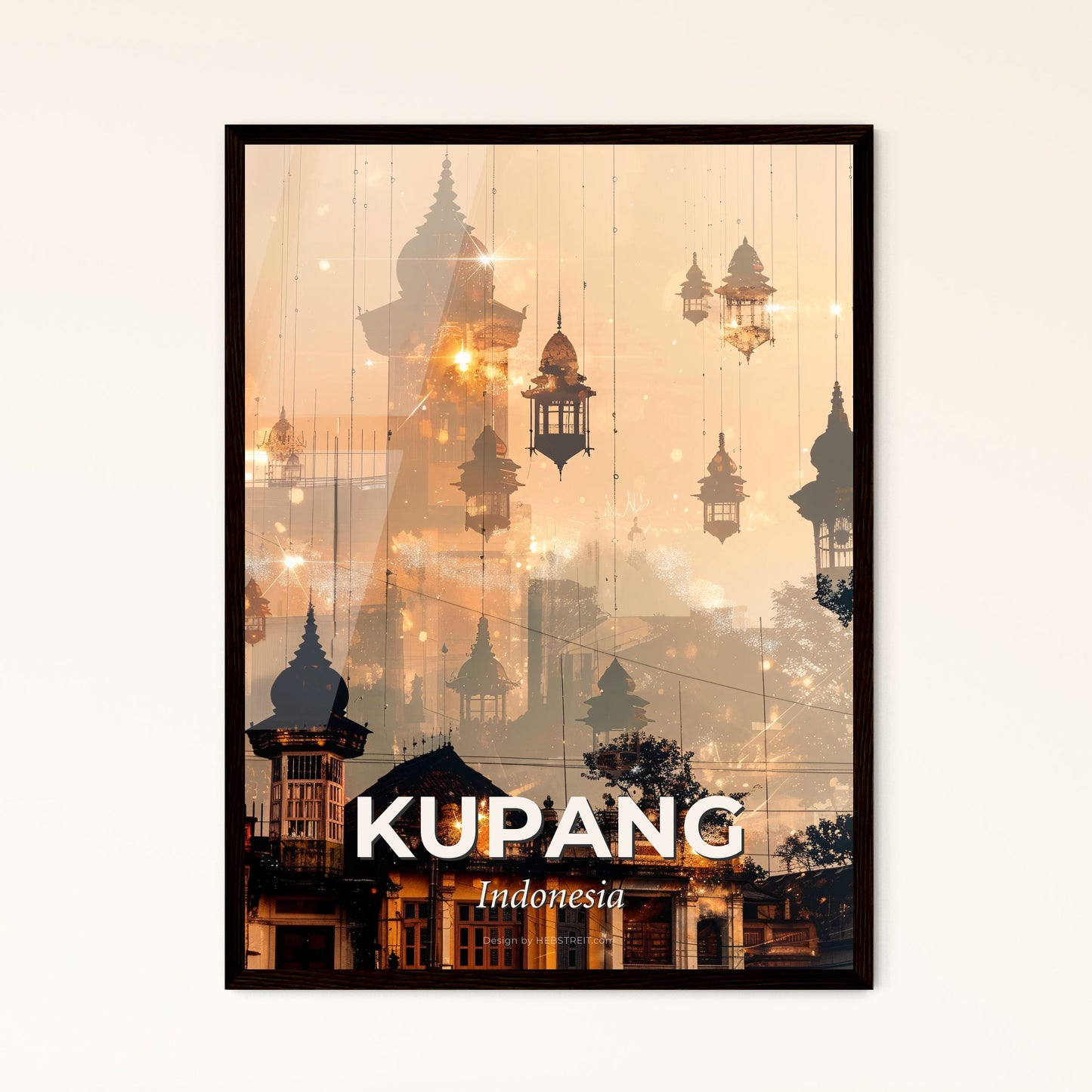 Kupang Skyline Double Exposure Art Poster - A city with many lanterns from wires