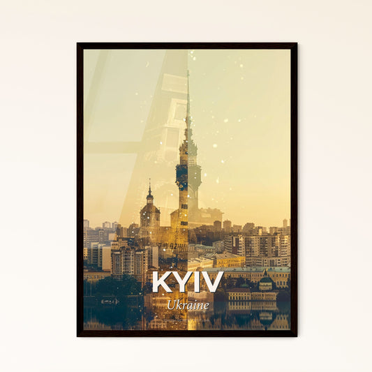 Kyiv Skyline Composite Art: Local Icons on Beige - A city with a tall tower