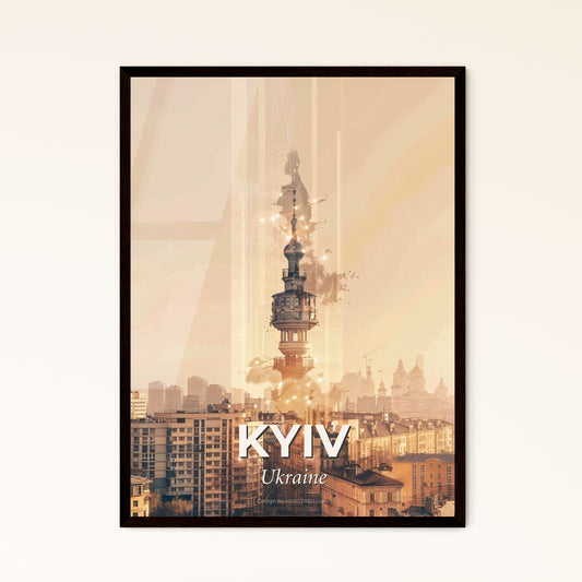 Kyiv City Icons Artistic Double Exposure Skyline - A tall tower with many buildings in the background