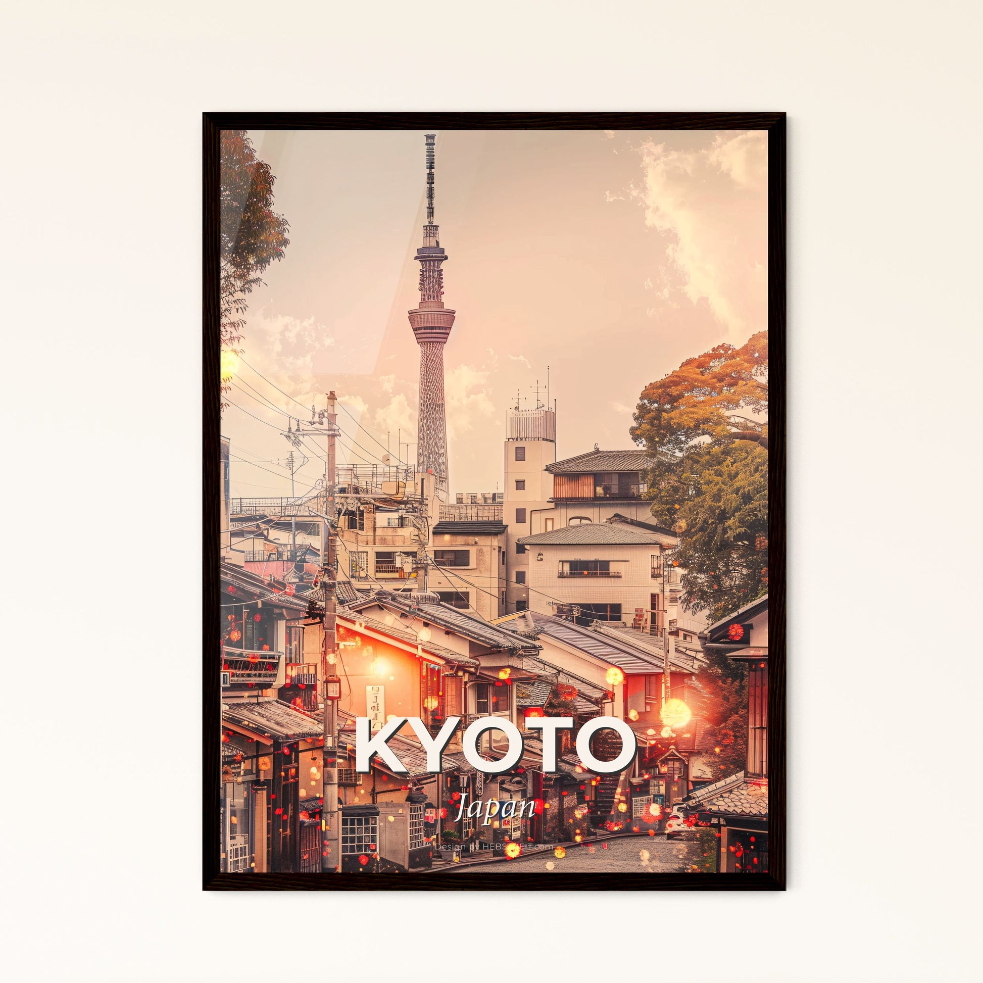 Kyoto Skyline Minimalist Japanese Poster - A street with buildings and a tower in the background