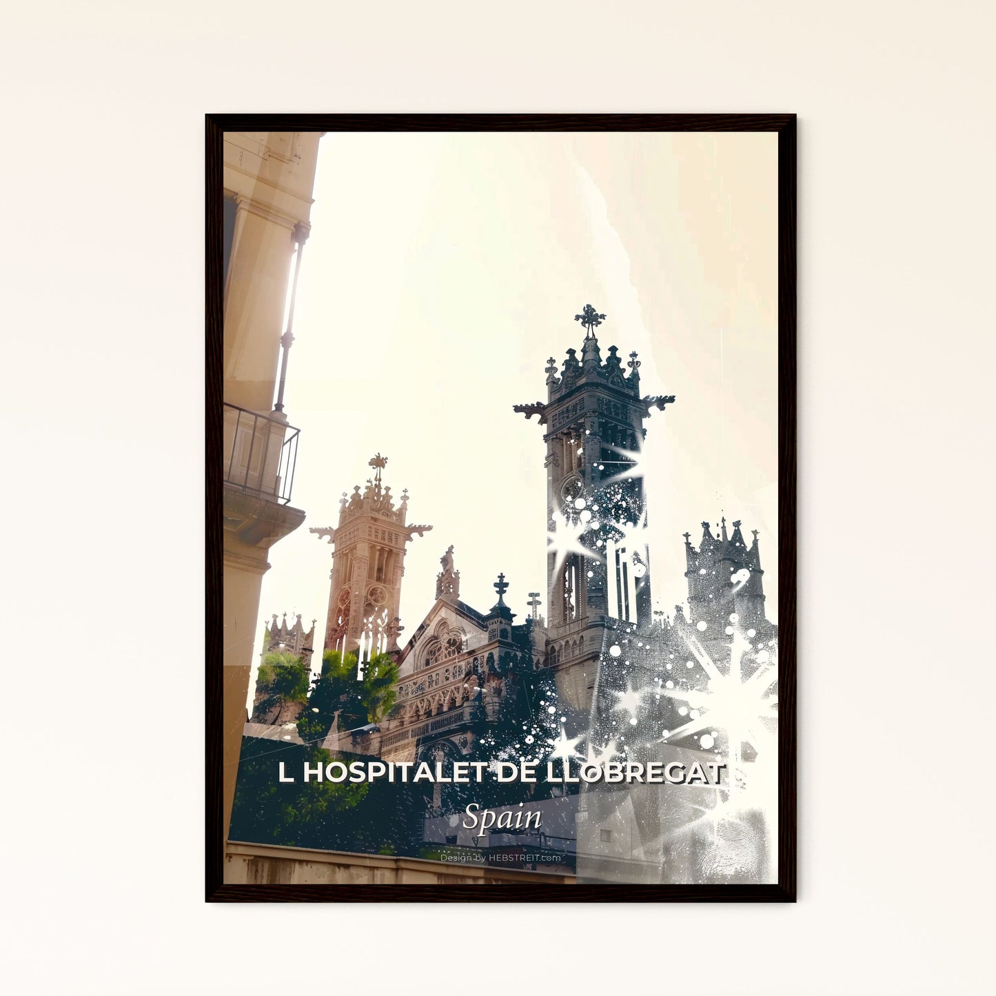 L Hospitalet de Llobregat Skyline Double Exposure Poster - A building with towers and stars