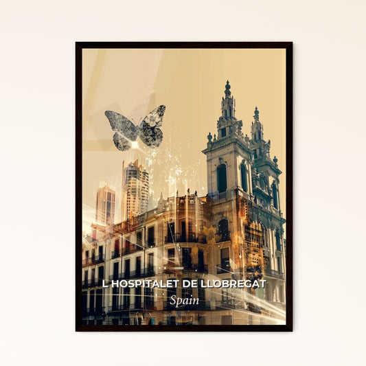 L Hospitalet De Llobregat City Skyline Art Poster - A building with a butterfly flying over it