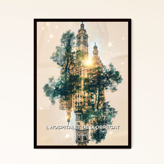 Barcelona Suburb City Lights Art Print - A building with trees and a tower