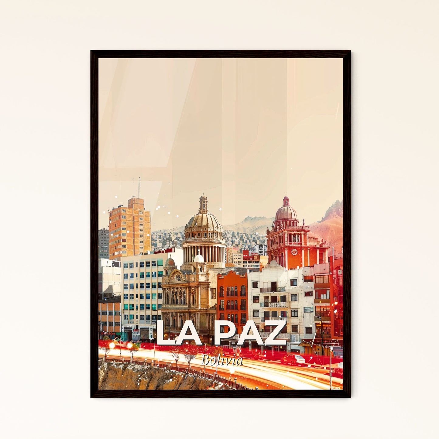 La Paz Panorama Cityscape Artwork on Beige Paper - A city with a large building and a street