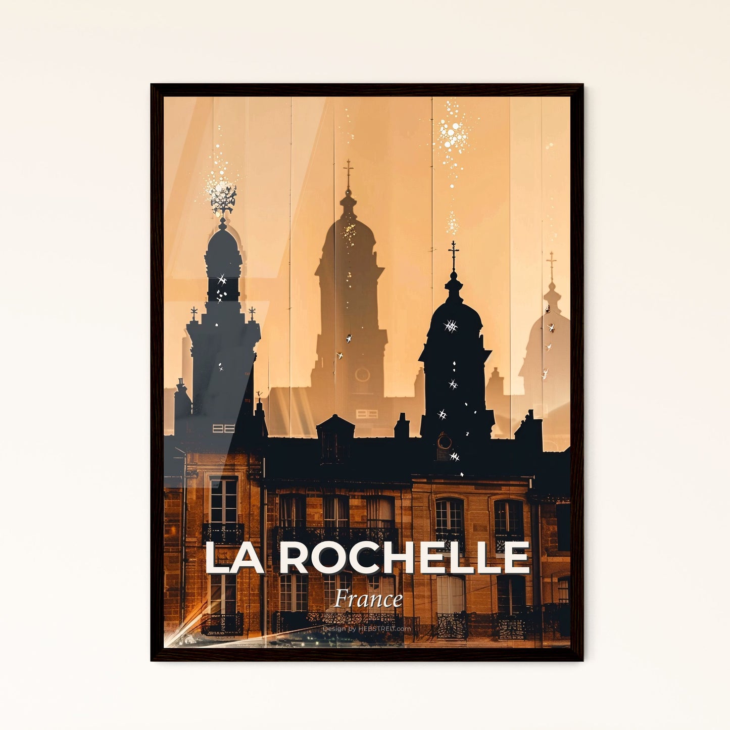 La Rochelle Skyline Double Exposure Silhouette Poster - A building with towers and windows