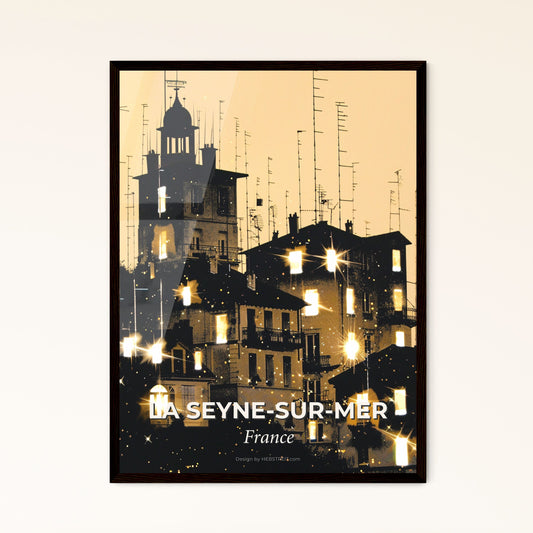 La Seyne-sur-Mer Skyline Silhouette Poster Art - A group of buildings with lights on them