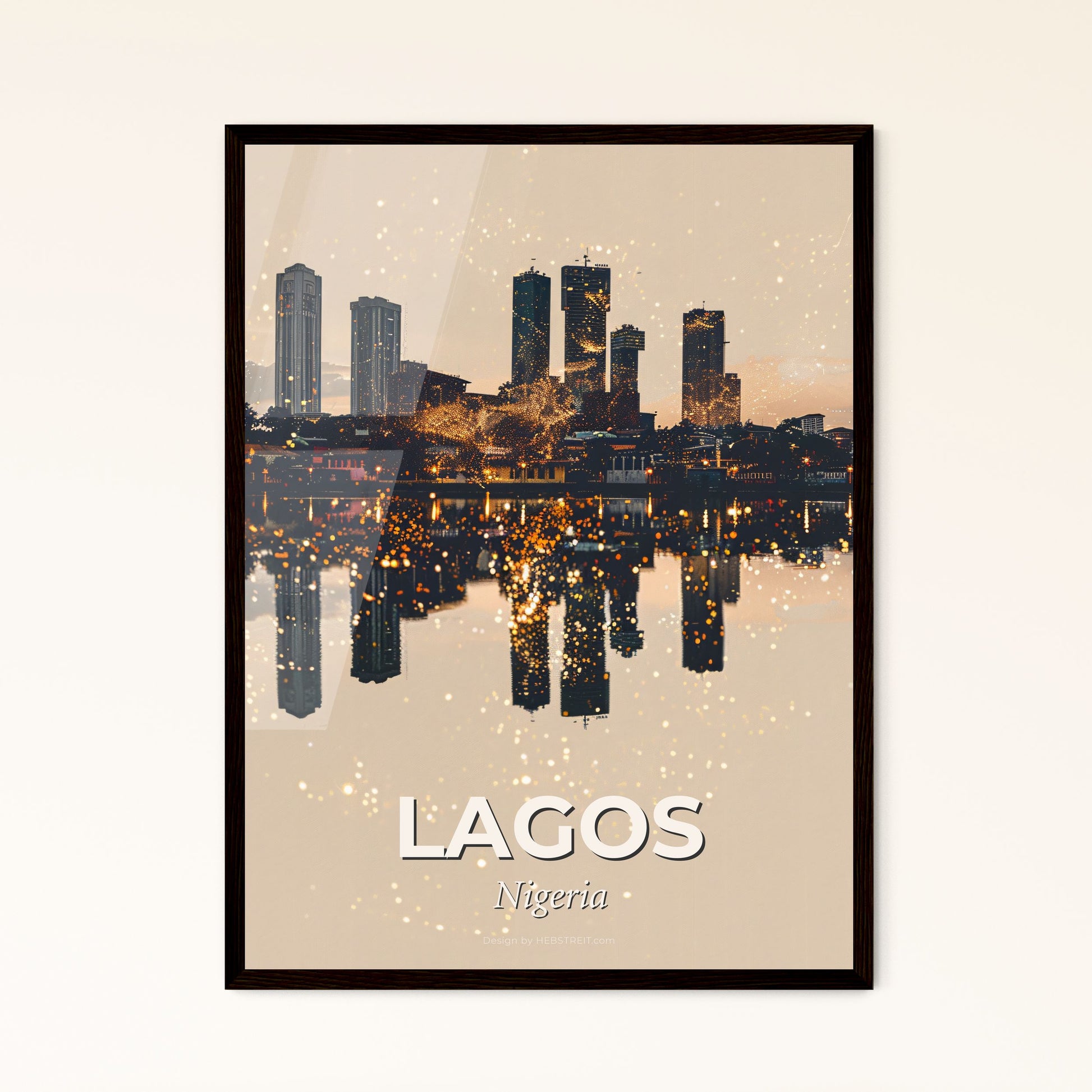 Lagos Skyline in Vibrant Beige & Sparkle - A city skyline with lights reflecting in water