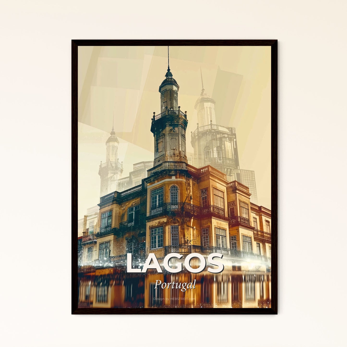 Lagos, Portugal Skyline Poster Art,Beige,Sparkling - A building with towers and a tower on top