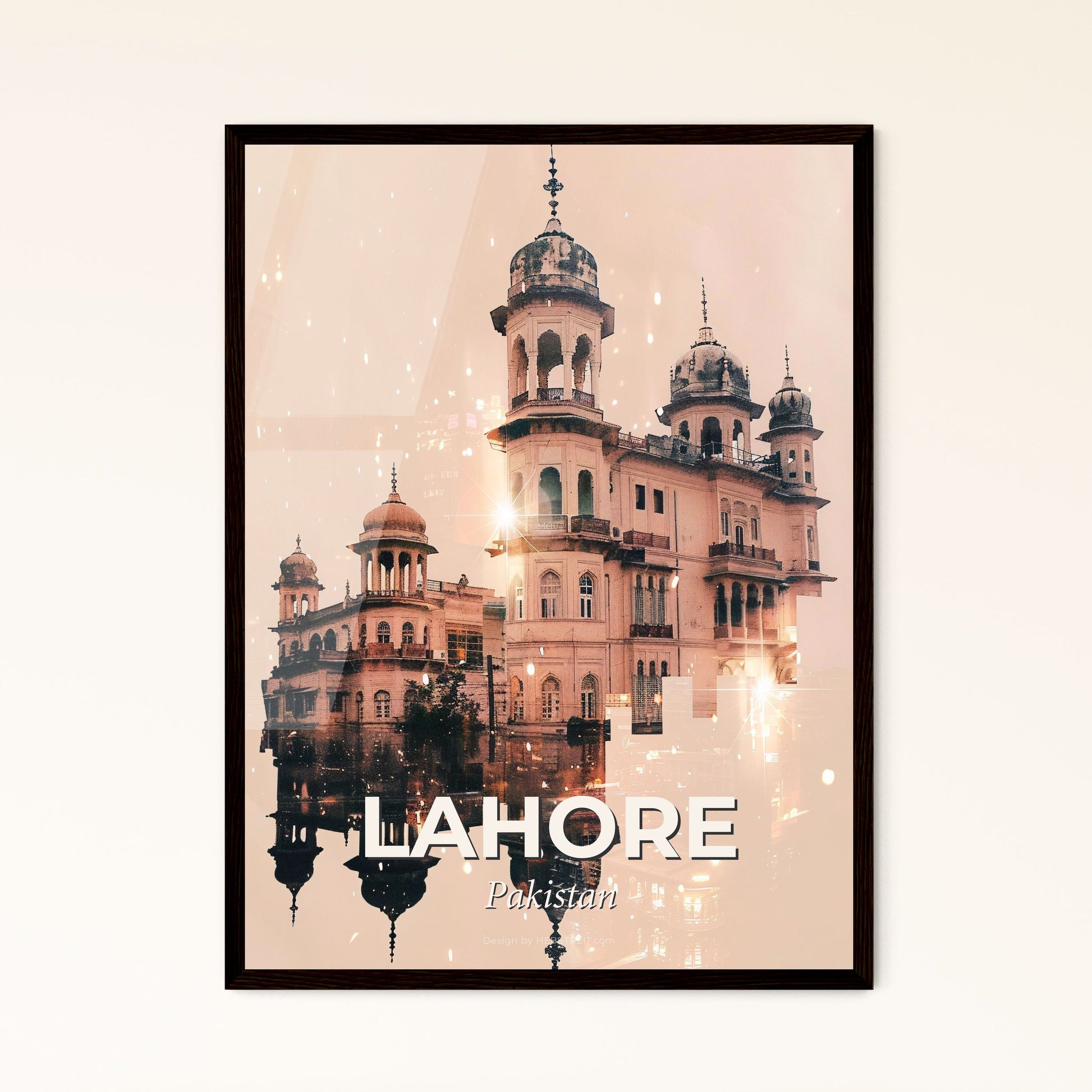 Lahore Skyline Double Exposure Local Colors - A building with towers and a reflection of it