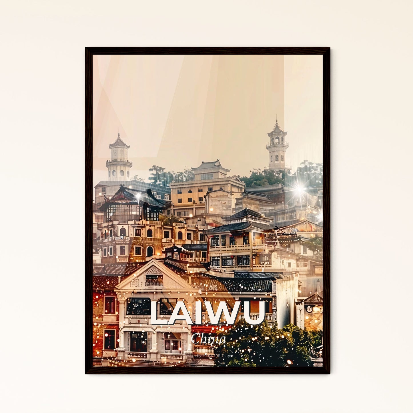 Laiwu China Skyline Double Exposure Art Poster - A city with many buildings