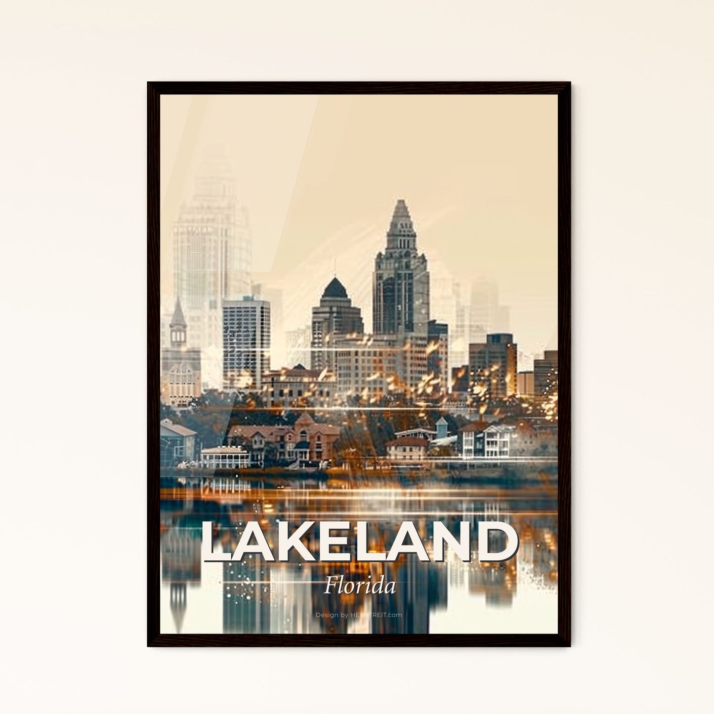 Lakeland City Skyline Composite Art - A city skyline with buildings and a body of water