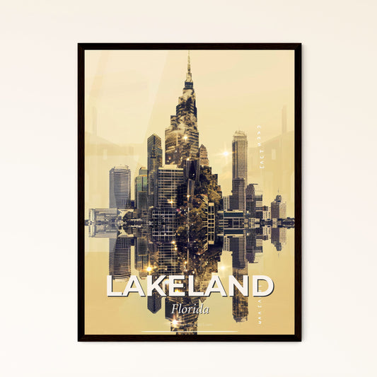 Lakeland Skyline Art Deco Cityscape Poster - A city skyline reflected in water