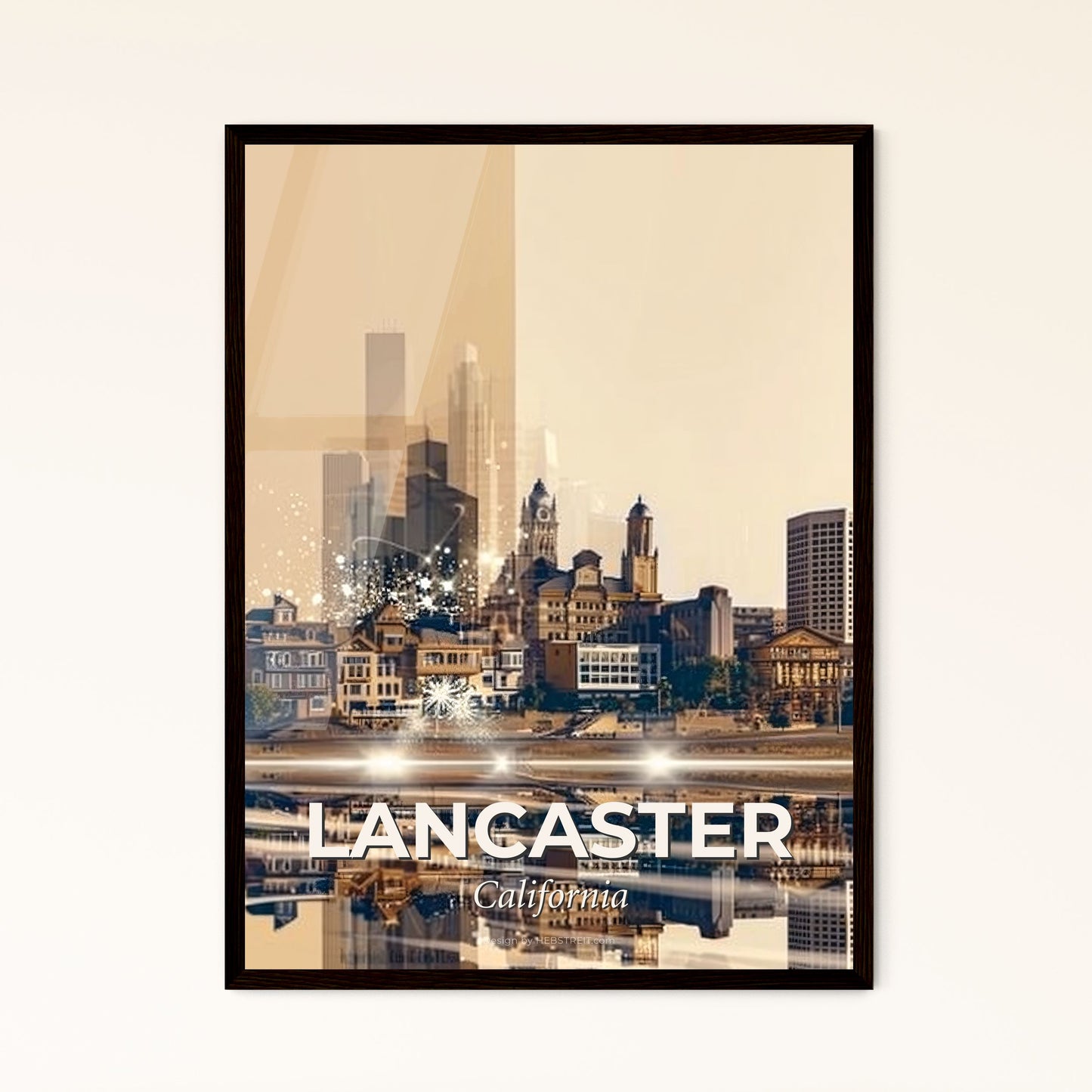 Lancaster City Skyline Double Exposure Art Print - A city with lights reflecting on the water