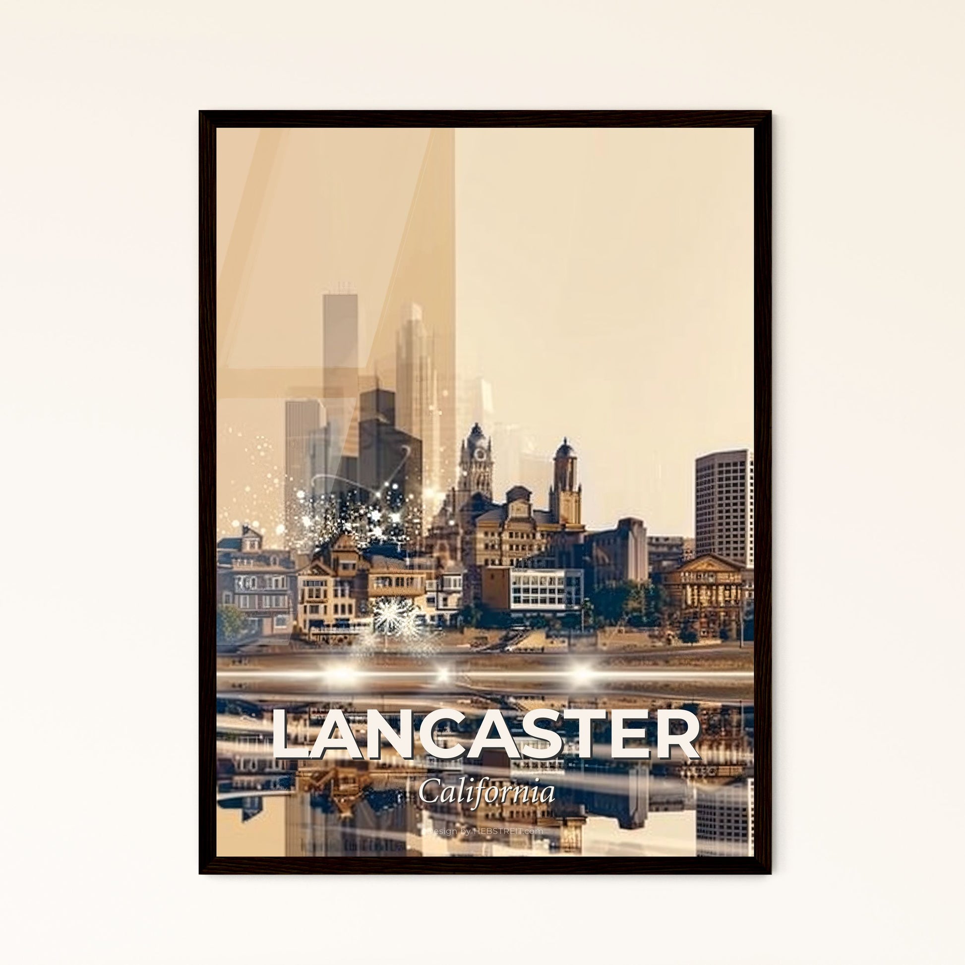 Lancaster City Skyline Double Exposure Art Print - A city with lights reflecting on the water