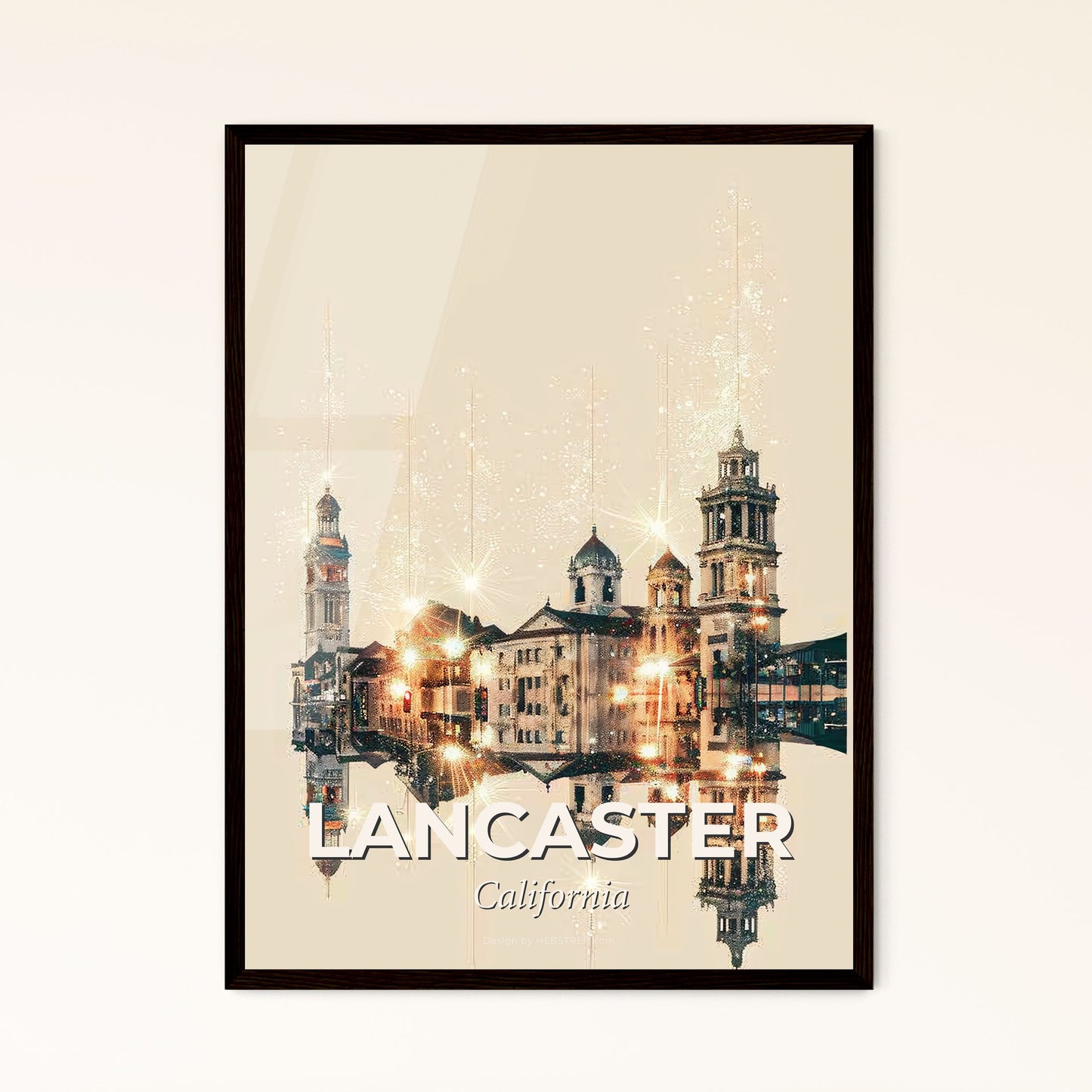 Lancaster Skyline Composite Art: Bright and Iconic - A building with towers and lights reflecting on water