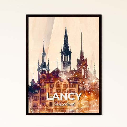 Lancy Cityscape Art Deco Bright Paper Background - A building with a clock tower