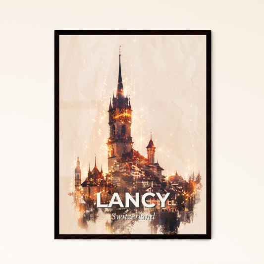 Lancy City Skyline Composite Poster Art - A building with a tower and many lights