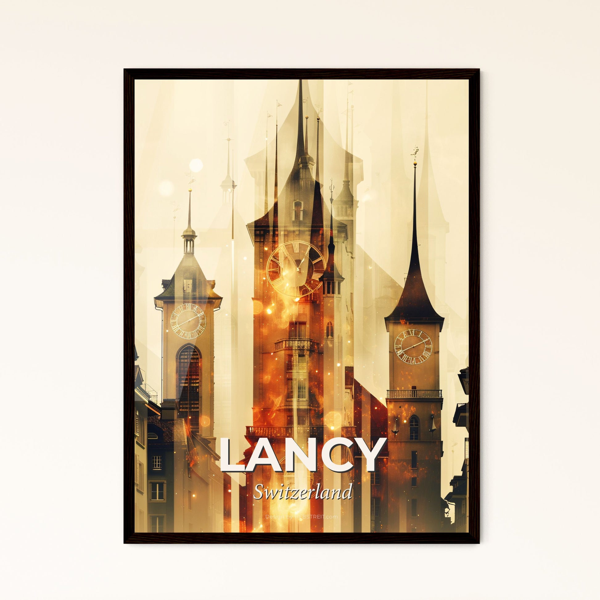 Lancy Skyline Double Exposure Art Print - A clock tower with towers